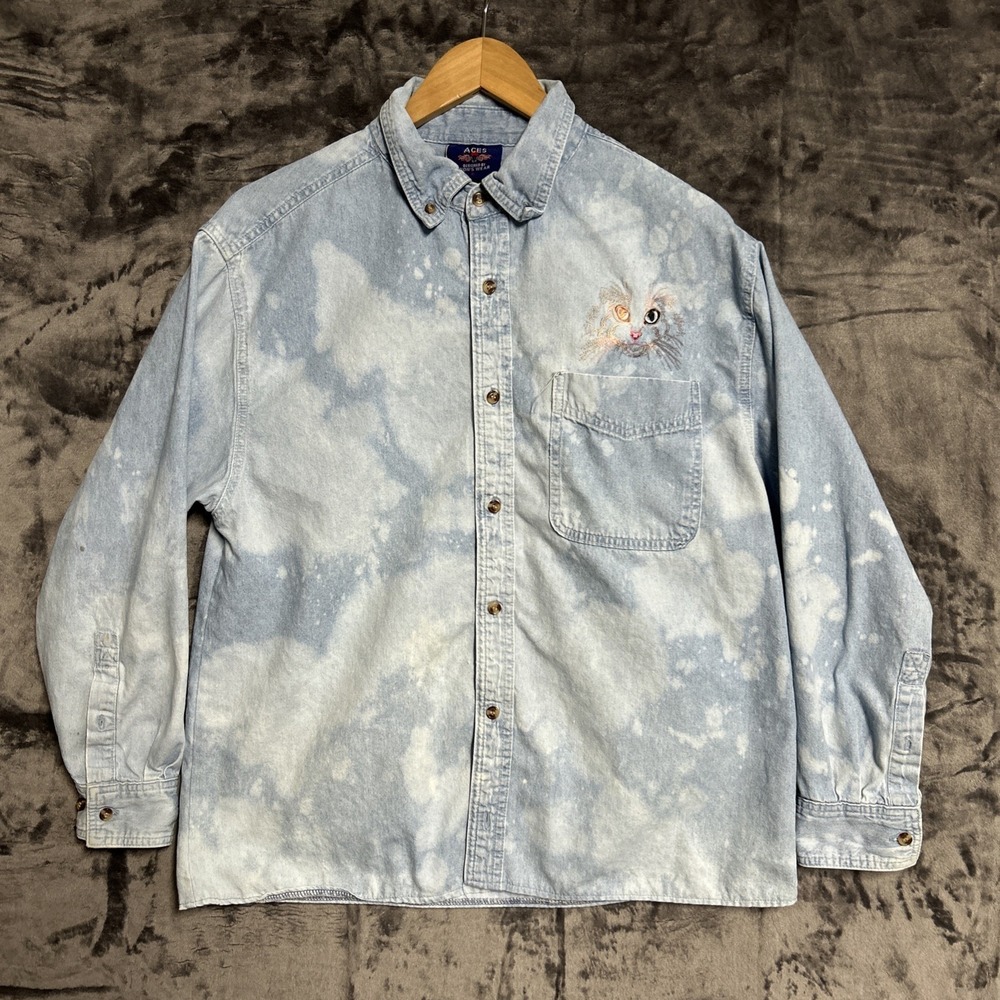 Aces Women's Large Bleached Denim Shirt Embroidered‎ Cat Button Up Cotton Boho